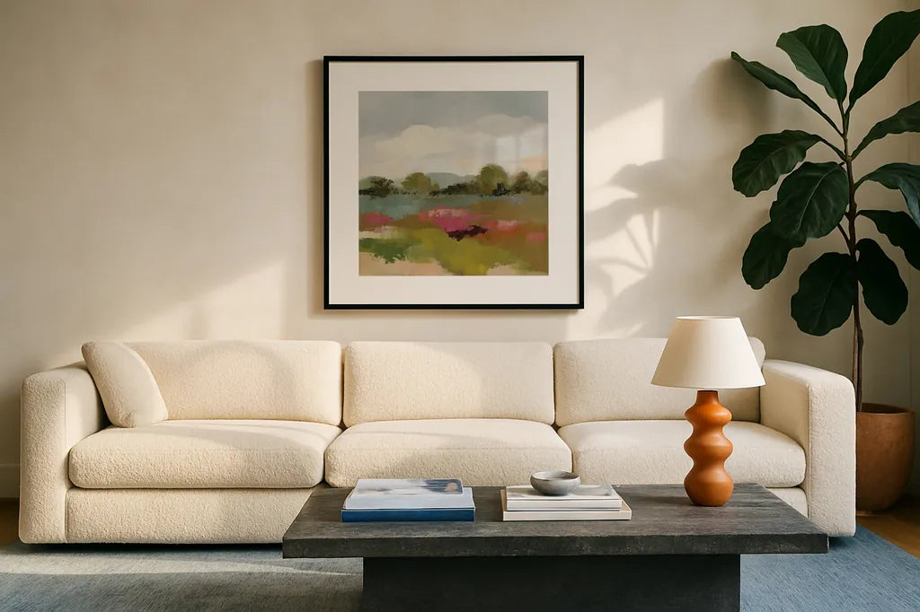 Burgundy and Sage Landscape II by Silvia Vassileva. Displayed in a glass frame with matte in a clean modern living room. Available as an archival giclee rolled canvas, fine art paper, or poster print. SKU 88439a.