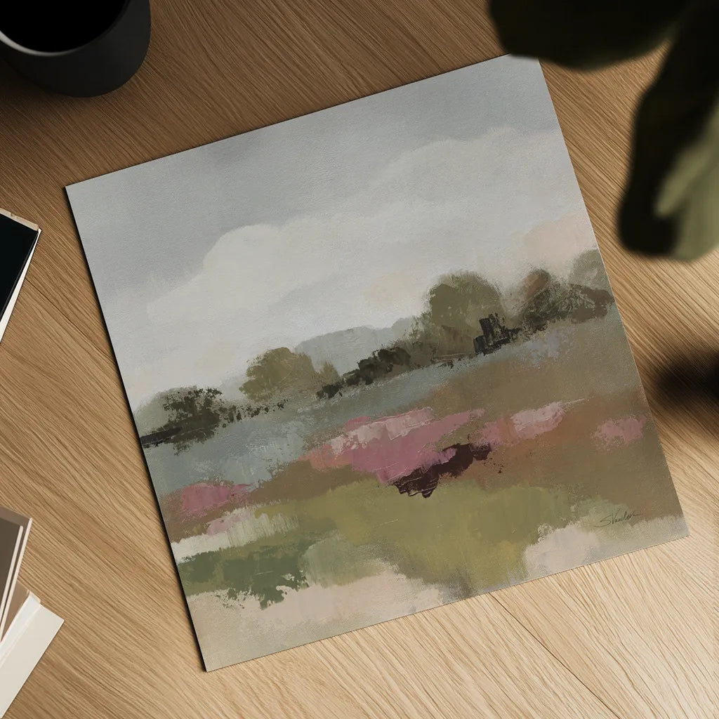 Burgundy and Sage Landscape II Light by Silvia Vassileva. Shown as a detailed flat fine art print, highlighting archival giclee quality. Available as an archival giclee rolled canvas, fine art paper, or poster print. SKU 91296a.