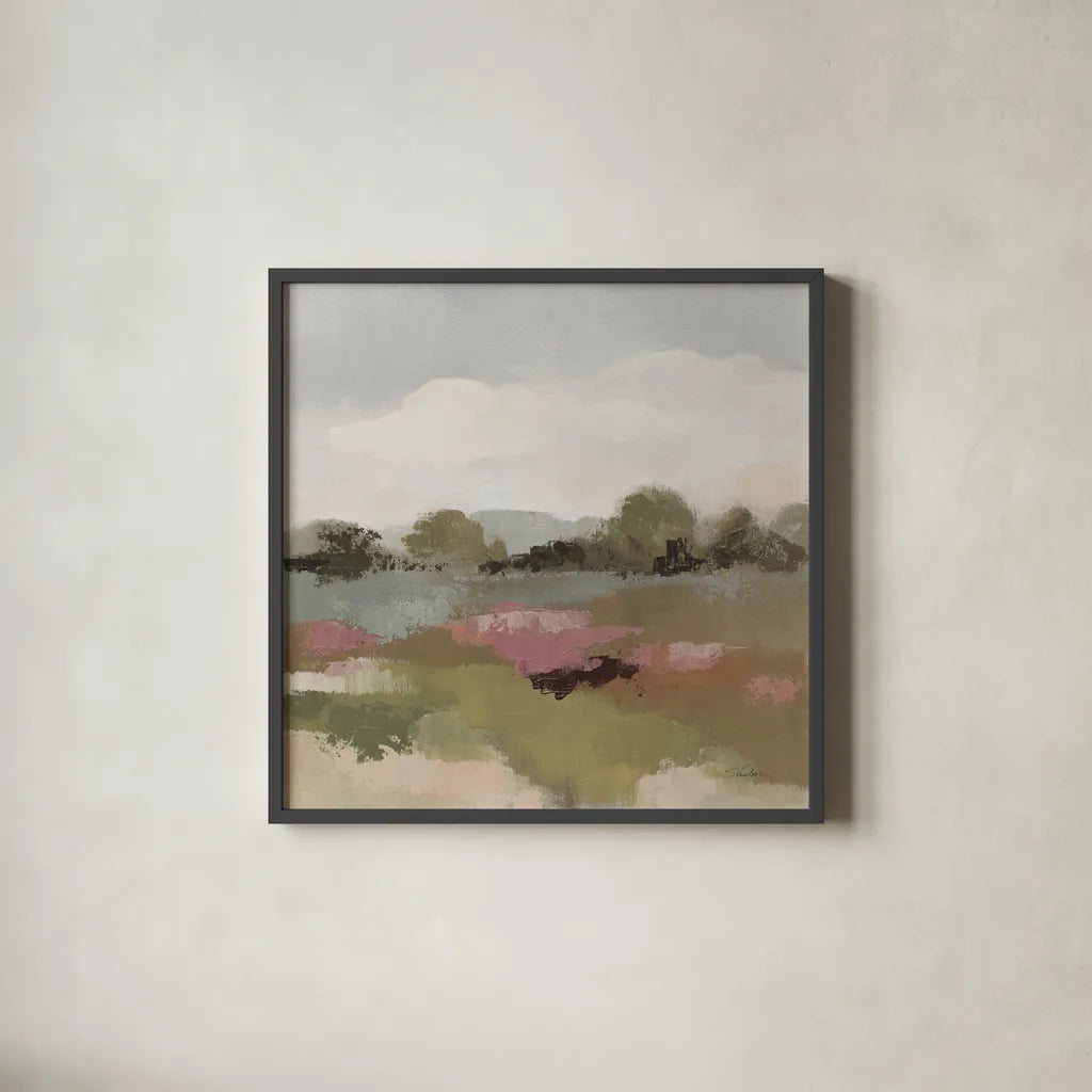 Burgundy and Sage Landscape II Light by Silvia Vassileva. Shown in a sleek black glass frame for a contemporary gallery look. Available as an archival giclee rolled canvas, fine art paper, or poster print. SKU 91296a.
