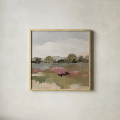 Burgundy and Sage Landscape II Light by Silvia Vassileva. Shown in a natural wood glass frame for a timeless modern aesthetic. Available as an archival giclee rolled canvas, fine art paper, or poster print. SKU 91296a.