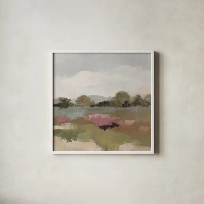 Burgundy and Sage Landscape II Light by Silvia Vassileva. Shown in a crisp white glass frame for a clean and minimalist style. Available as an archival giclee rolled canvas, fine art paper, or poster print. SKU 91296a.