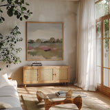Burgundy and Sage Landscape II Light by Silvia Vassileva. Shown in a natural wood frame in a cozy modern living room. Available as an archival giclee rolled canvas, fine art paper, or poster print. SKU 91296a.