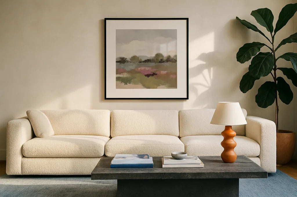 Burgundy and Sage Landscape II Light by Silvia Vassileva. Displayed in a glass frame with matte in a clean modern living room. Available as an archival giclee rolled canvas, fine art paper, or poster print. SKU 91296a.