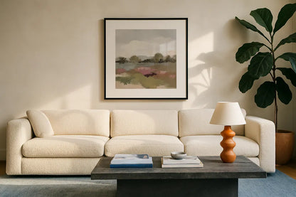 Burgundy and Sage Landscape II Light by Silvia Vassileva. Displayed in a glass frame with matte in a clean modern living room. Available as an archival giclee rolled canvas, fine art paper, or poster print. SKU 91296a.