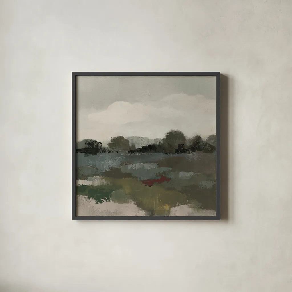 Burgundy and Sage Landscape II Moody by Silvia Vassileva. Shown in a sleek black glass frame for a contemporary gallery look. Available as an archival giclee rolled canvas, fine art paper, or poster print. SKU 89293a.