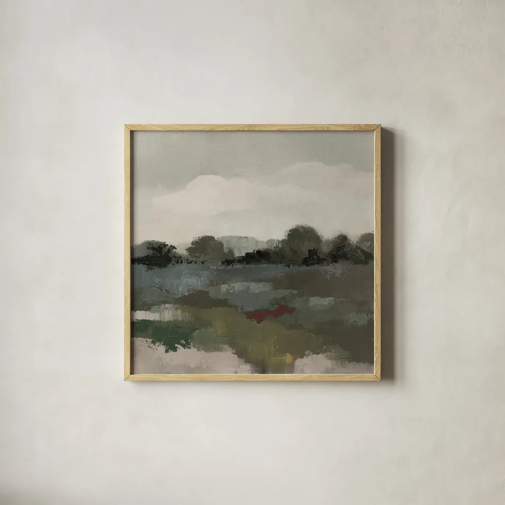 Burgundy and Sage Landscape II Moody by Silvia Vassileva. Shown in a natural wood glass frame for a timeless modern aesthetic. Available as an archival giclee rolled canvas, fine art paper, or poster print. SKU 89293a.