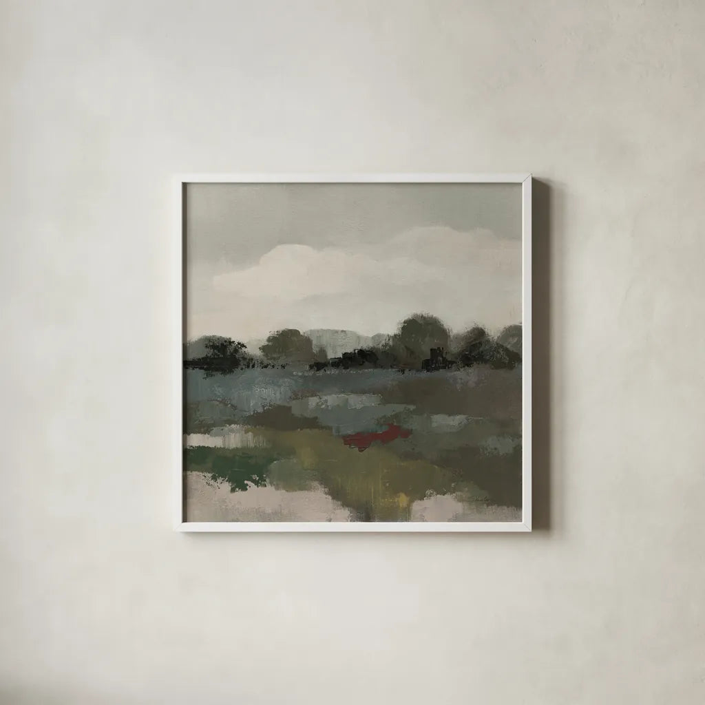 Burgundy and Sage Landscape II Moody by Silvia Vassileva. Shown in a crisp white glass frame for a clean and minimalist style. Available as an archival giclee rolled canvas, fine art paper, or poster print. SKU 89293a.