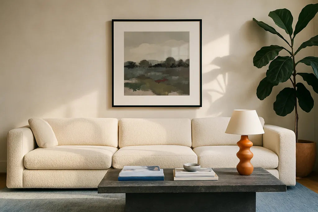 Burgundy and Sage Landscape II Moody by Silvia Vassileva. Displayed in a glass frame with matte in a clean modern living room. Available as an archival giclee rolled canvas, fine art paper, or poster print. SKU 89293a.
