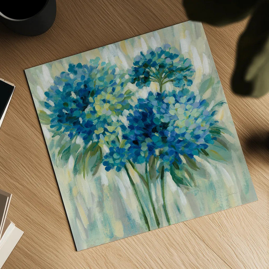 Burst of Hydrangeas by Silvia Vassileva. Shown as a detailed flat fine art print, highlighting archival giclee quality. Available as an archival giclee rolled canvas, fine art paper, or poster print. SKU 50134a.