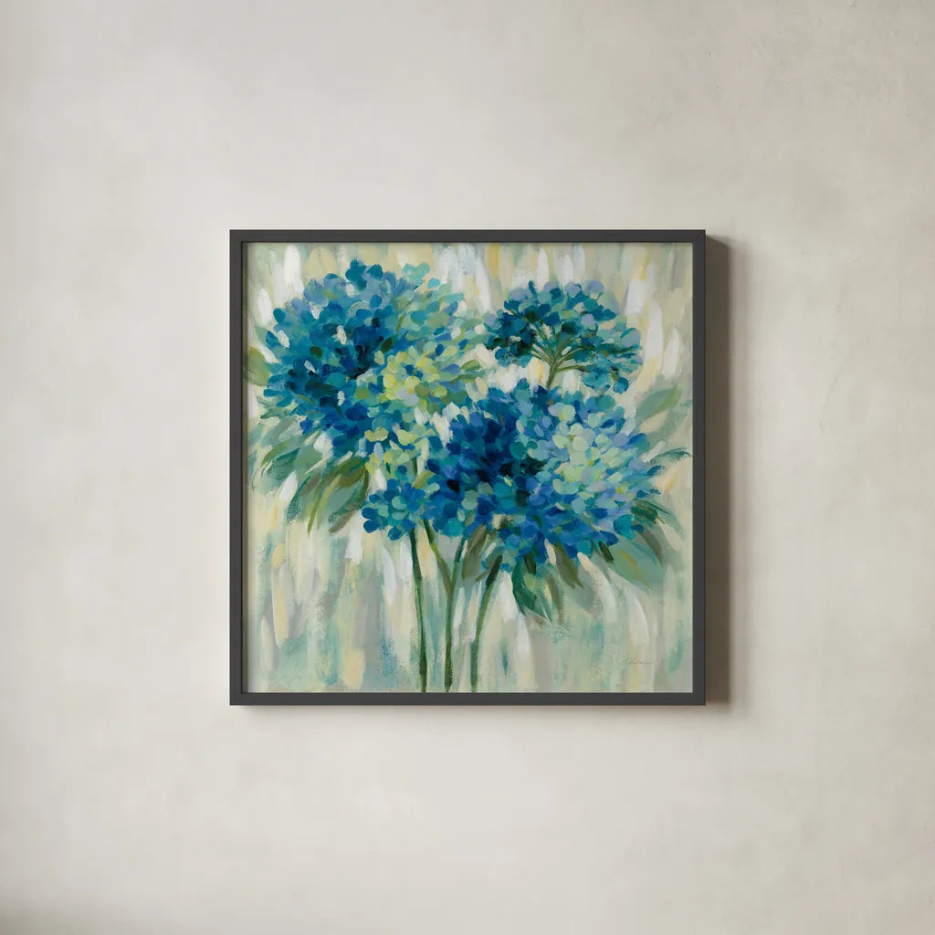 Burst of Hydrangeas by Silvia Vassileva. Shown in a sleek black glass frame for a contemporary gallery look. Available as an archival giclee rolled canvas, fine art paper, or poster print. SKU 50134a.
