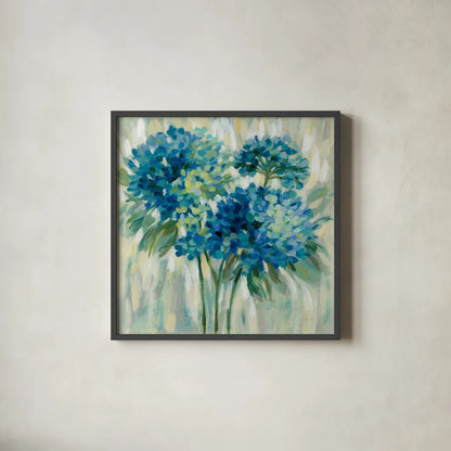 Burst of Hydrangeas by Silvia Vassileva. Shown in a sleek black glass frame for a contemporary gallery look. Available as an archival giclee rolled canvas, fine art paper, or poster print. SKU 50134a.