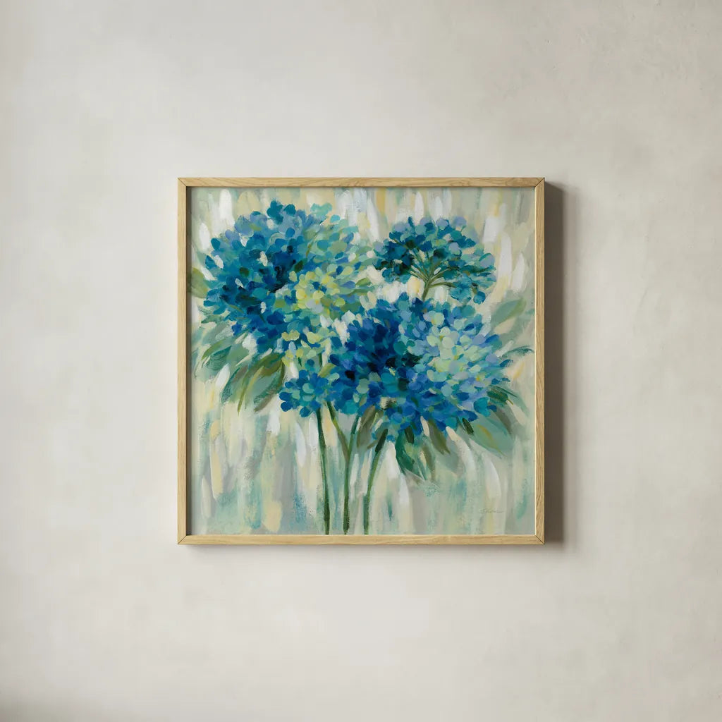 Burst of Hydrangeas by Silvia Vassileva. Shown in a natural wood glass frame for a timeless modern aesthetic. Available as an archival giclee rolled canvas, fine art paper, or poster print. SKU 50134a.