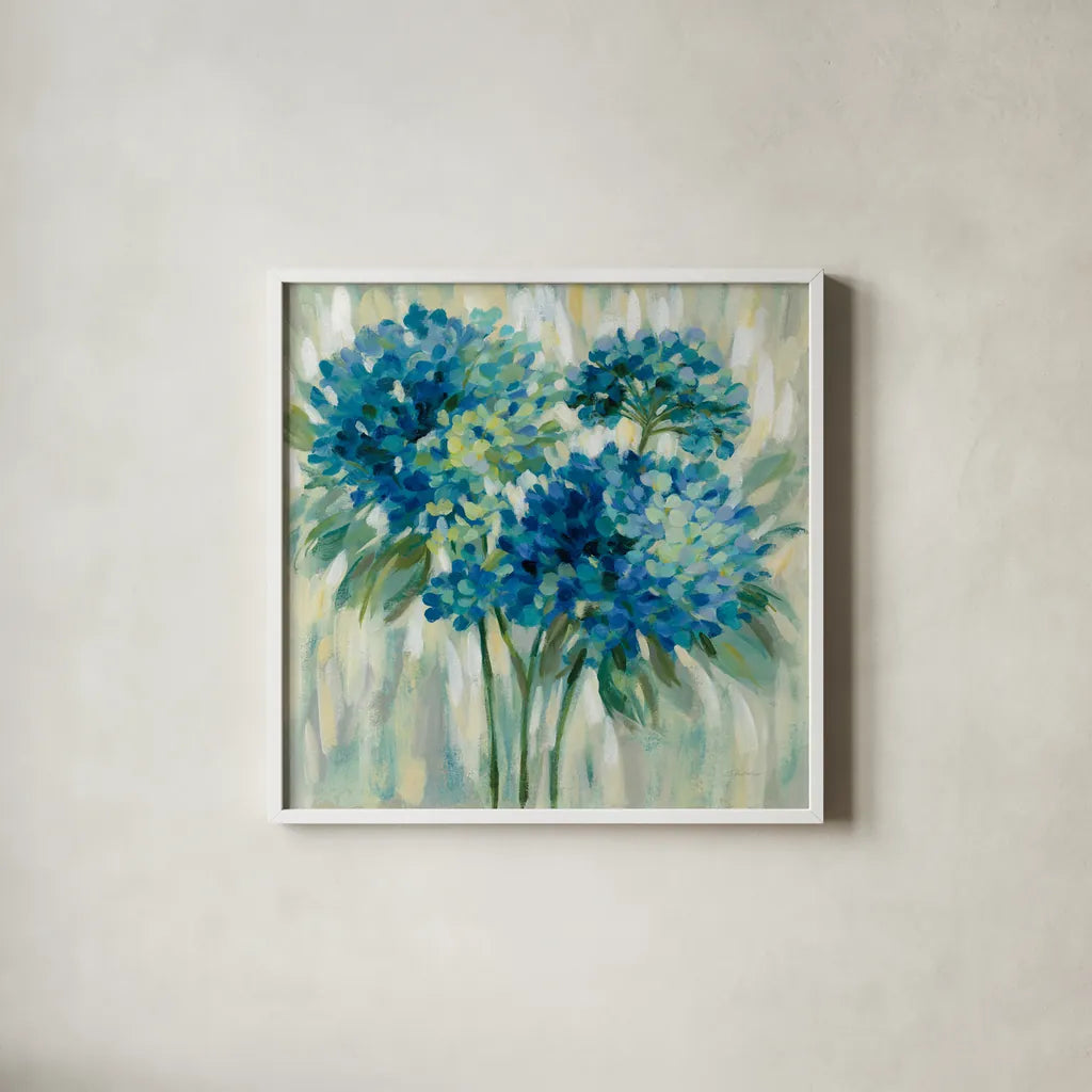 Burst of Hydrangeas by Silvia Vassileva. Shown in a crisp white glass frame for a clean and minimalist style. Available as an archival giclee rolled canvas, fine art paper, or poster print. SKU 50134a.