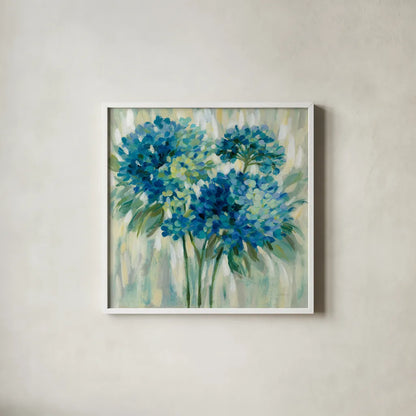 Burst of Hydrangeas by Silvia Vassileva. Shown in a crisp white glass frame for a clean and minimalist style. Available as an archival giclee rolled canvas, fine art paper, or poster print. SKU 50134a.