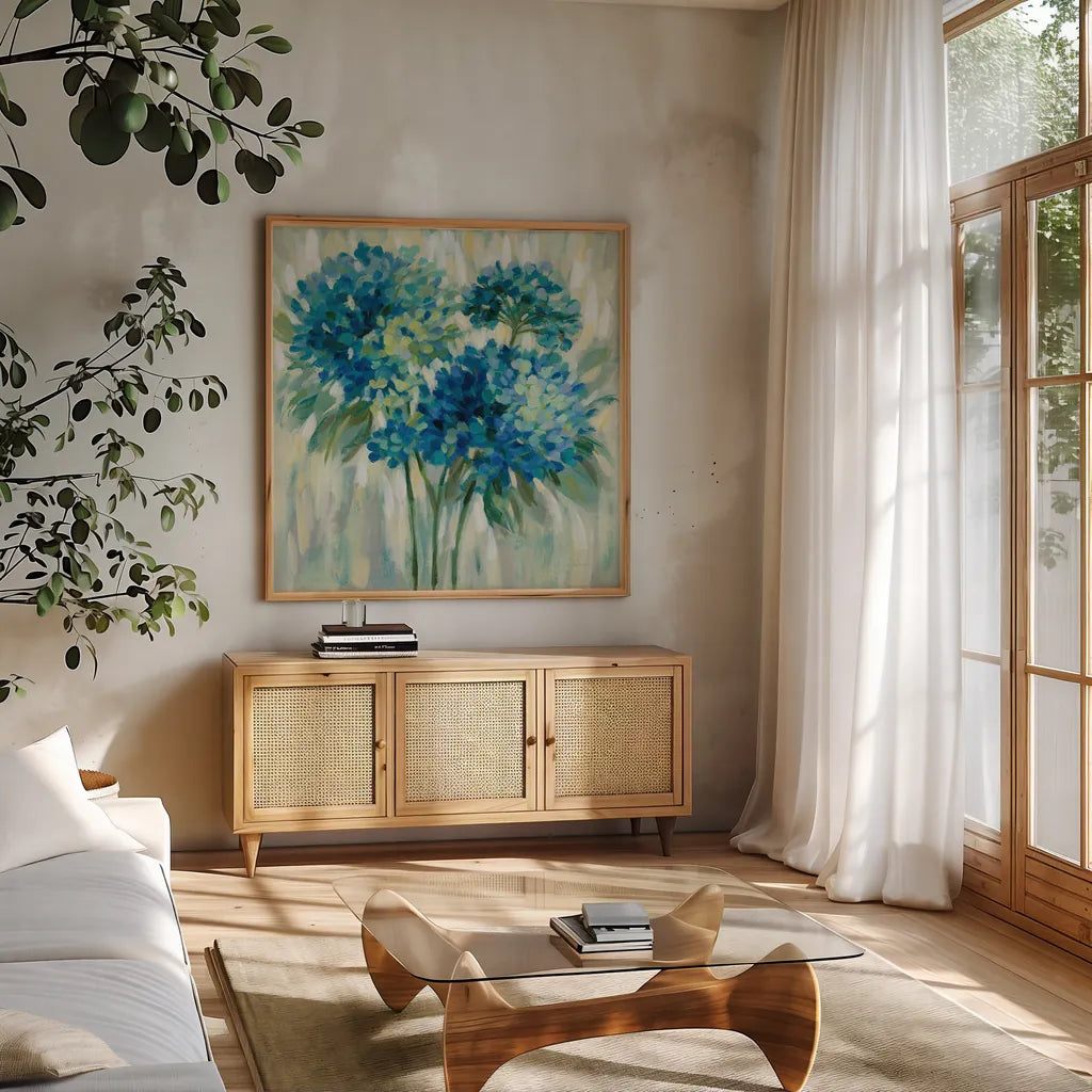 Burst of Hydrangeas by Silvia Vassileva. Shown in a natural wood frame in a cozy modern living room. Available as an archival giclee rolled canvas, fine art paper, or poster print. SKU 50134a.