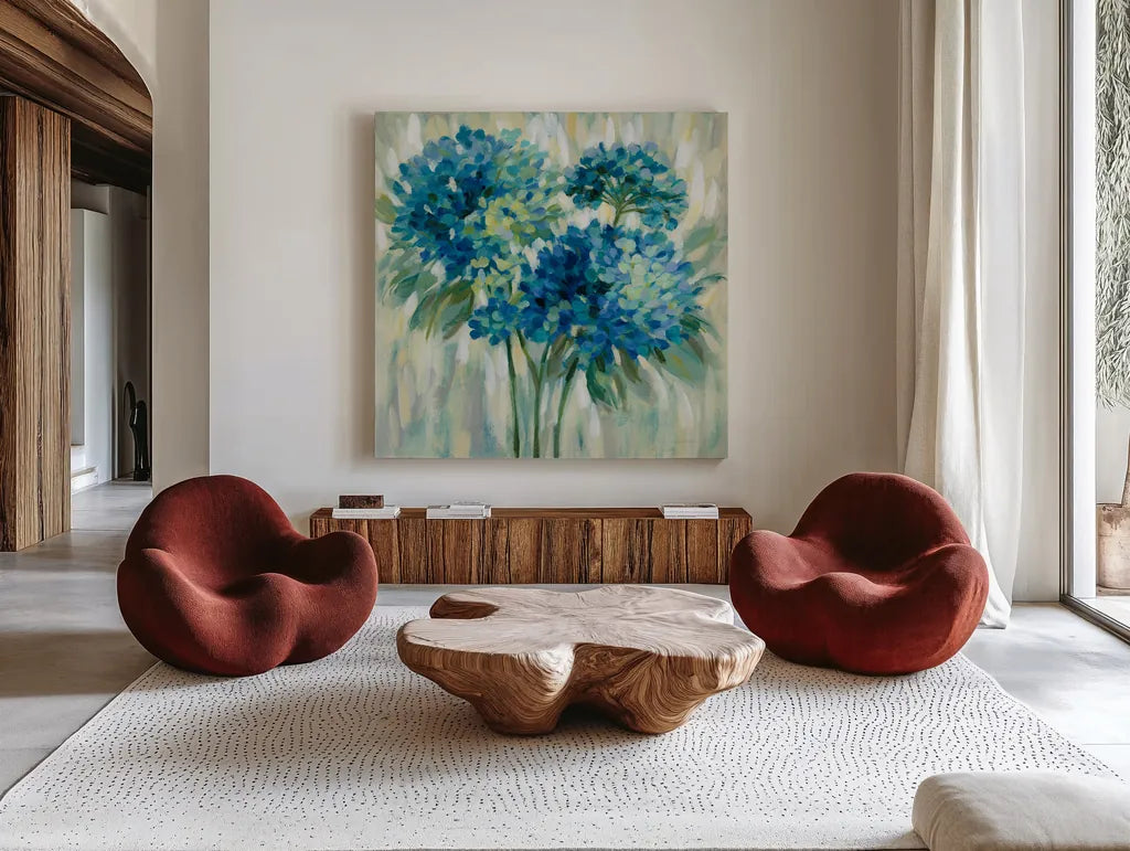 Burst of Hydrangeas by Silvia Vassileva. Shown as extra-large giant wall art in a modern living room. Available as an archival giclee rolled canvas, fine art paper, or poster print. SKU 50134a.