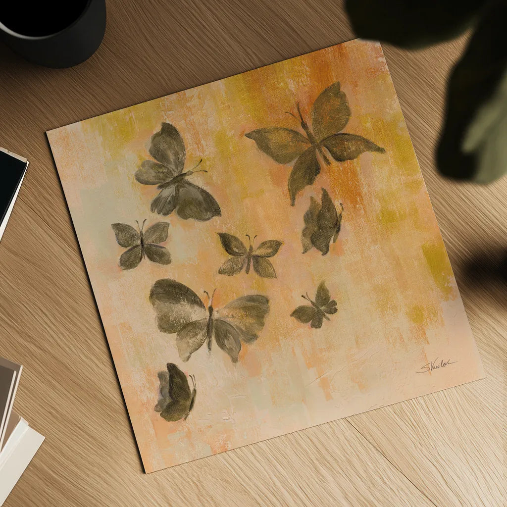 Butterfly Silhouettes I by Silvia Vassileva. Shown as a detailed flat fine art print, highlighting archival giclee quality. Available as an archival giclee rolled canvas, fine art paper, or poster print. SKU 90327a.