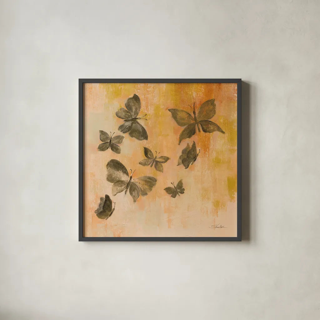 Butterfly Silhouettes I by Silvia Vassileva. Shown in a sleek black glass frame for a contemporary gallery look. Available as an archival giclee rolled canvas, fine art paper, or poster print. SKU 90327a.