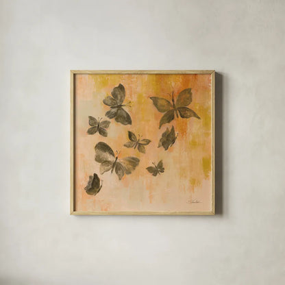 Butterfly Silhouettes I by Silvia Vassileva. Shown in a natural wood glass frame for a timeless modern aesthetic. Available as an archival giclee rolled canvas, fine art paper, or poster print. SKU 90327a.
