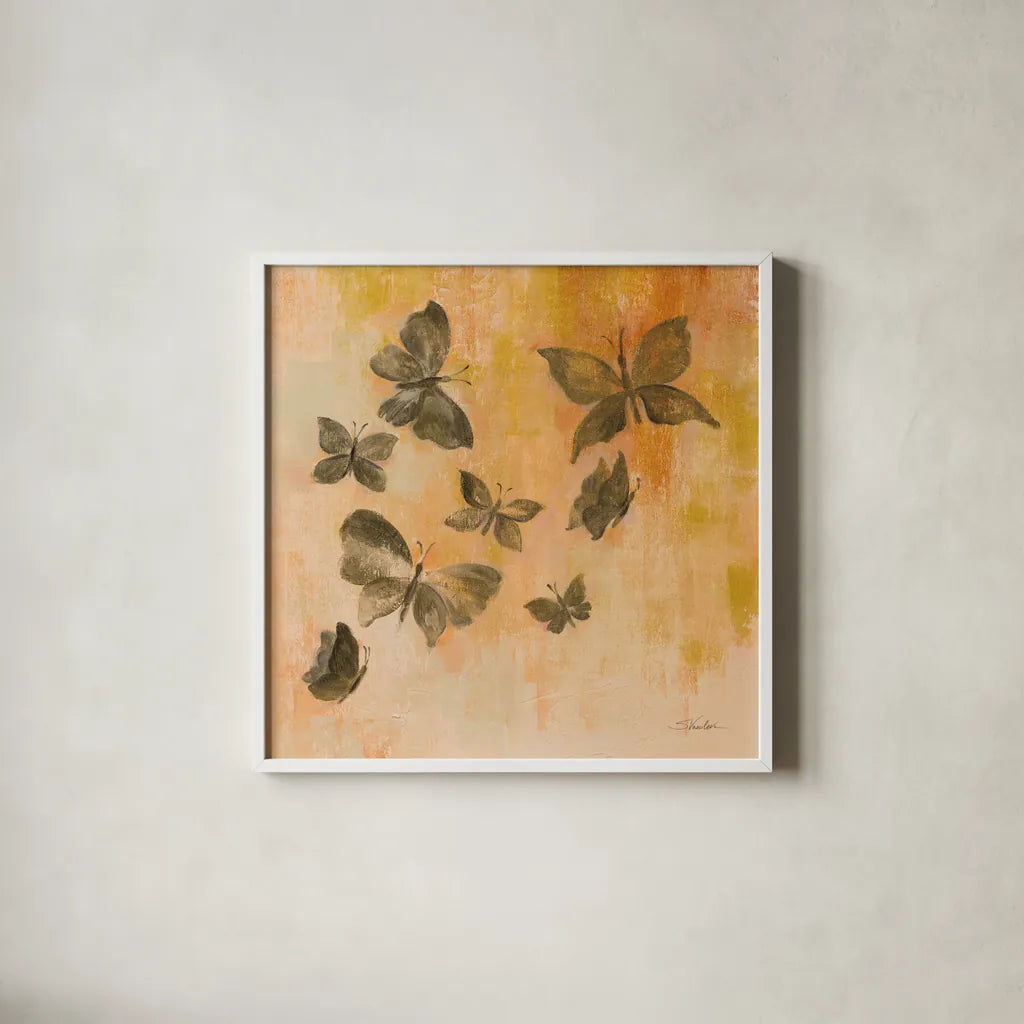 Butterfly Silhouettes I by Silvia Vassileva. Shown in a crisp white glass frame for a clean and minimalist style. Available as an archival giclee rolled canvas, fine art paper, or poster print. SKU 90327a.