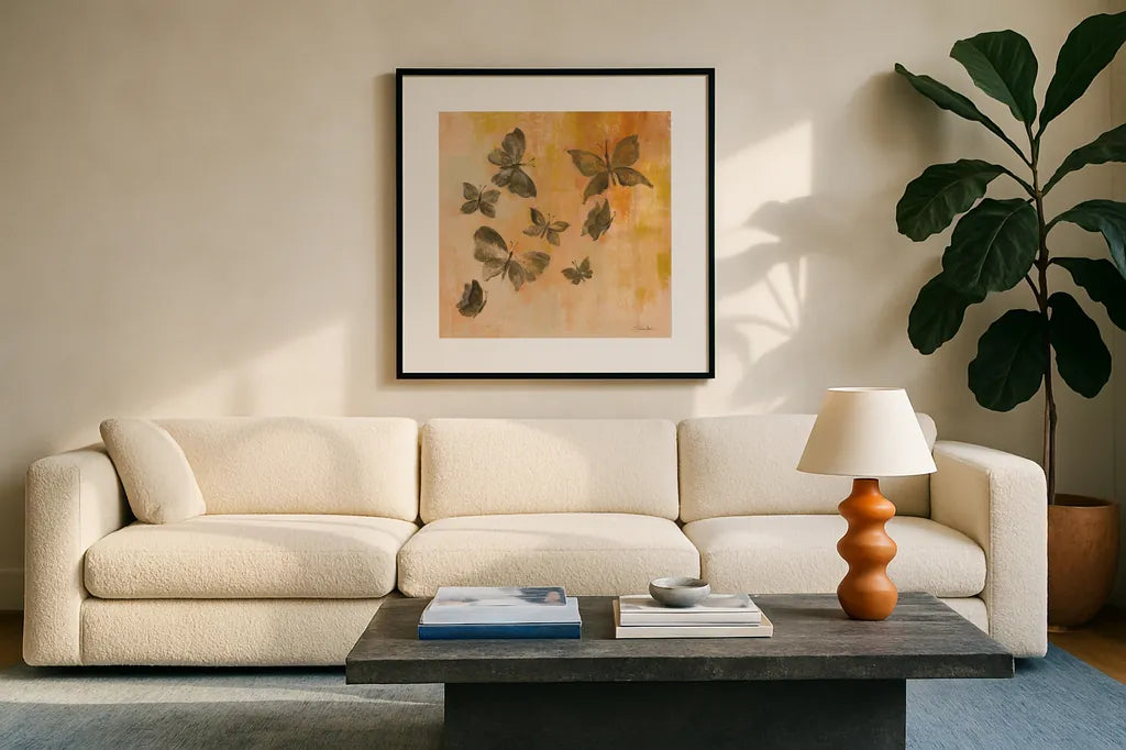 Butterfly Silhouettes I by Silvia Vassileva. Displayed in a glass frame with matte in a clean modern living room. Available as an archival giclee rolled canvas, fine art paper, or poster print. SKU 90327a.