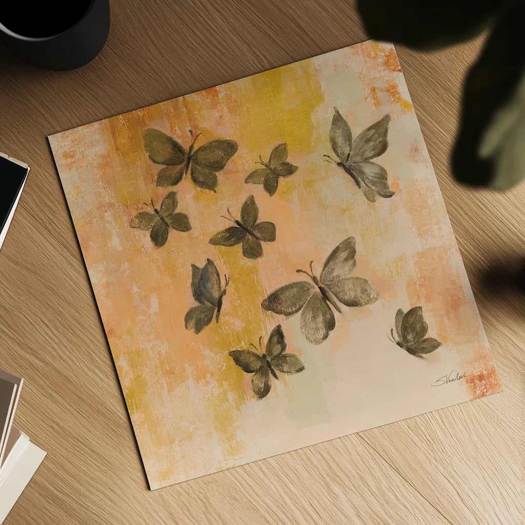 Butterfly Silhouettes II by Silvia Vassileva. Shown as a detailed flat fine art print, highlighting archival giclee quality. Available as an archival giclee rolled canvas, fine art paper, or poster print. SKU 90328a.