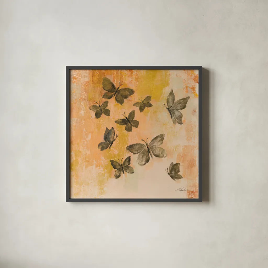 Butterfly Silhouettes II by Silvia Vassileva. Shown in a sleek black glass frame for a contemporary gallery look. Available as an archival giclee rolled canvas, fine art paper, or poster print. SKU 90328a.