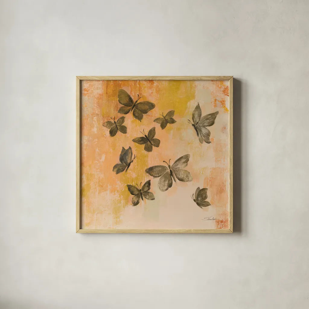Butterfly Silhouettes II by Silvia Vassileva. Shown in a natural wood glass frame for a timeless modern aesthetic. Available as an archival giclee rolled canvas, fine art paper, or poster print. SKU 90328a.
