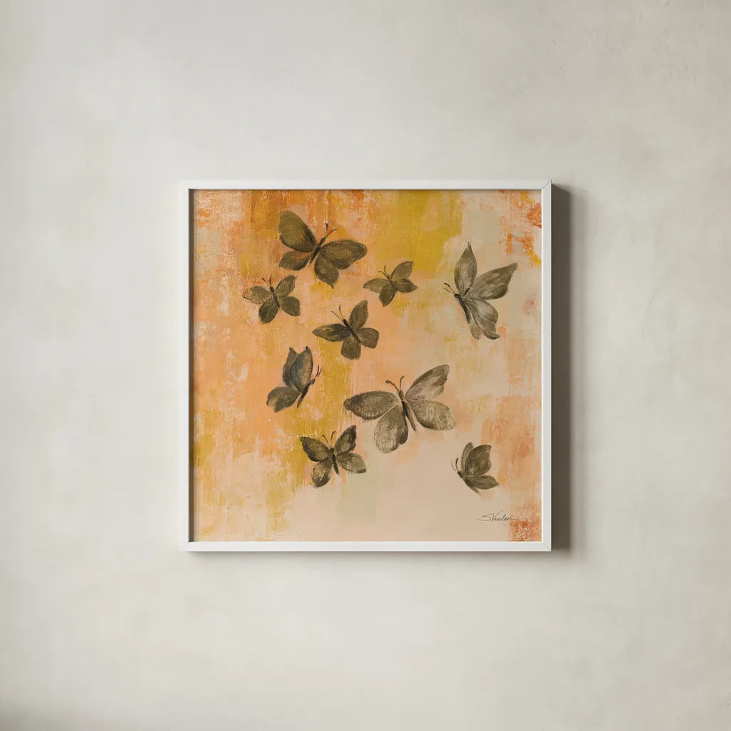 Butterfly Silhouettes II by Silvia Vassileva. Shown in a crisp white glass frame for a clean and minimalist style. Available as an archival giclee rolled canvas, fine art paper, or poster print. SKU 90328a.