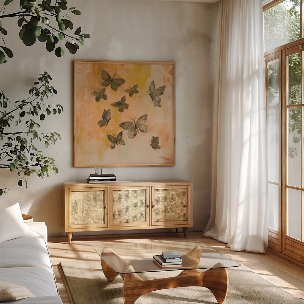 Butterfly Silhouettes II by Silvia Vassileva. Shown in a natural wood frame in a cozy modern living room. Available as an archival giclee rolled canvas, fine art paper, or poster print. SKU 90328a.