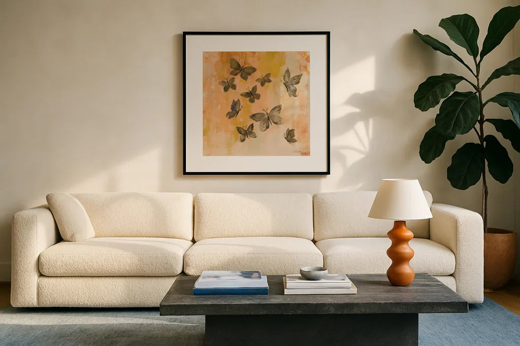 Butterfly Silhouettes II by Silvia Vassileva. Displayed in a glass frame with matte in a clean modern living room. Available as an archival giclee rolled canvas, fine art paper, or poster print. SKU 90328a.