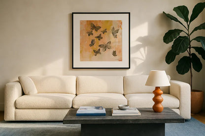 Butterfly Silhouettes II by Silvia Vassileva. Displayed in a glass frame with matte in a clean modern living room. Available as an archival giclee rolled canvas, fine art paper, or poster print. SKU 90328a.