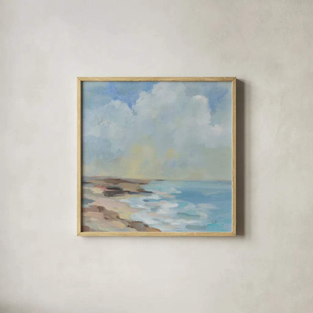 By the Beach by Silvia Vassileva. Shown in a natural wood glass frame for a timeless modern aesthetic. Available as an archival giclee rolled canvas, fine art paper, or poster print. SKU 90251a.