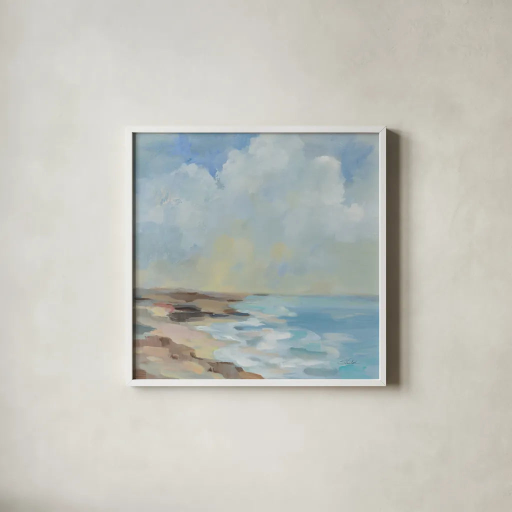 By the Beach by Silvia Vassileva. Shown in a crisp white glass frame for a clean and minimalist style. Available as an archival giclee rolled canvas, fine art paper, or poster print. SKU 90251a.