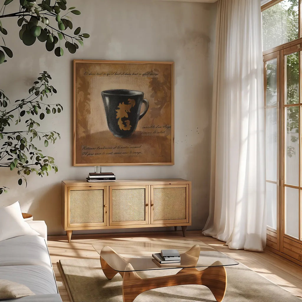 Cafe Baroque IV by Silvia Vassileva. Shown in a natural wood frame in a cozy modern living room. Available as an archival giclee rolled canvas, fine art paper, or poster print. SKU 60326a.