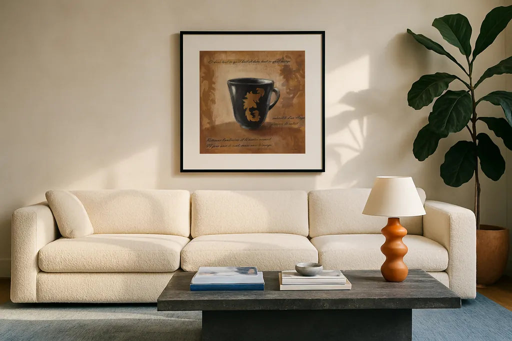 Cafe Baroque IV by Silvia Vassileva. Displayed in a glass frame with matte in a clean modern living room. Available as an archival giclee rolled canvas, fine art paper, or poster print. SKU 60326a.