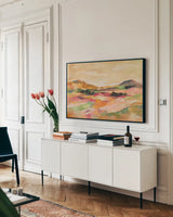 California Bloom by Silvia Vassileva. shown as a framed stretched canvas in a living room above a console. Available as a archival giclee rolled canvas, fine art paper, or poster print. SKU 90321i.