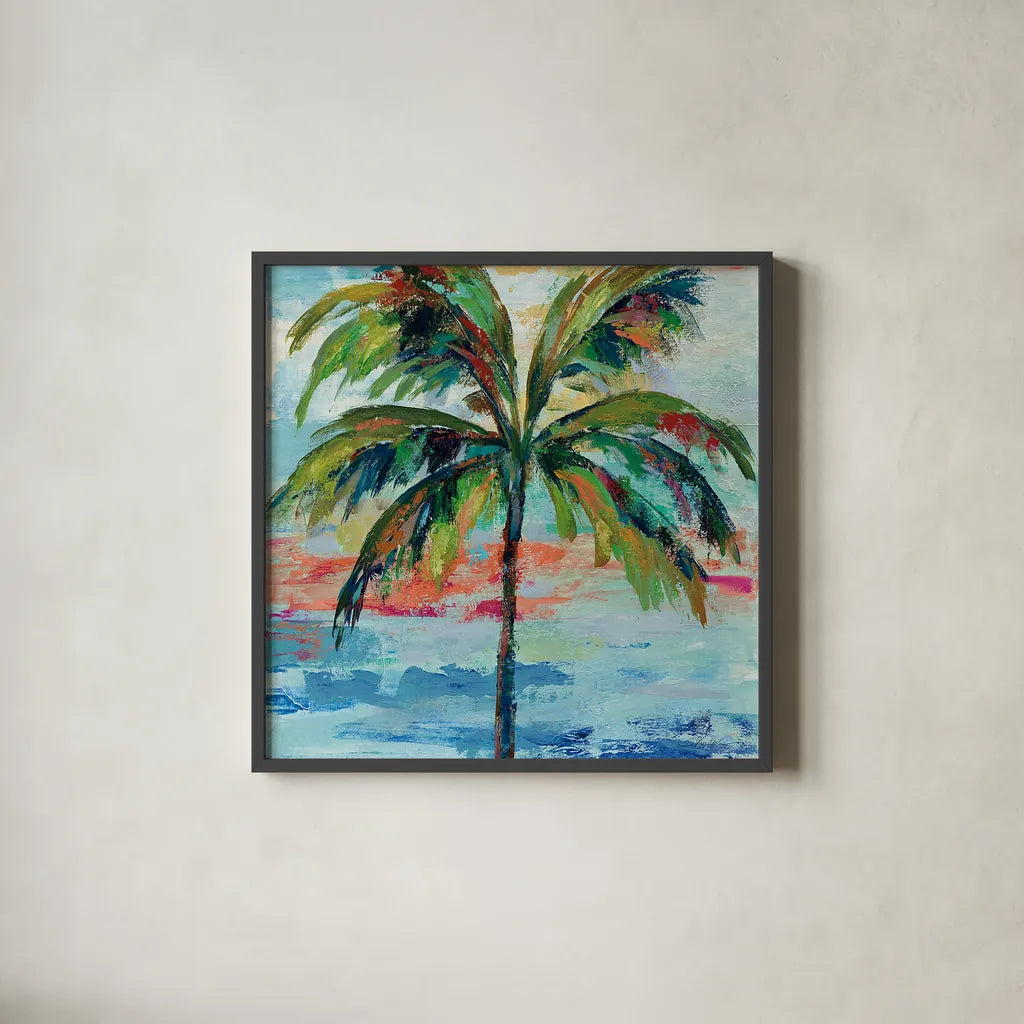 California Palm I by Silvia Vassileva. Shown in a sleek black glass frame for a contemporary gallery look. Available as an archival giclee rolled canvas, fine art paper, or poster print. SKU 22486a.