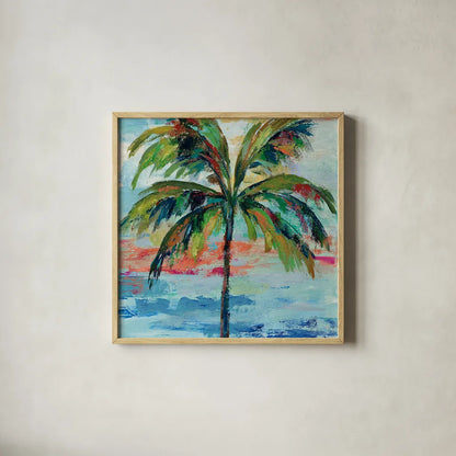 California Palm I by Silvia Vassileva. Shown in a natural wood glass frame for a timeless modern aesthetic. Available as an archival giclee rolled canvas, fine art paper, or poster print. SKU 22486a.
