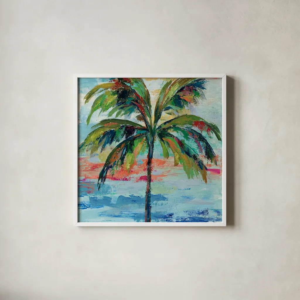 California Palm I by Silvia Vassileva. Shown in a crisp white glass frame for a clean and minimalist style. Available as an archival giclee rolled canvas, fine art paper, or poster print. SKU 22486a.