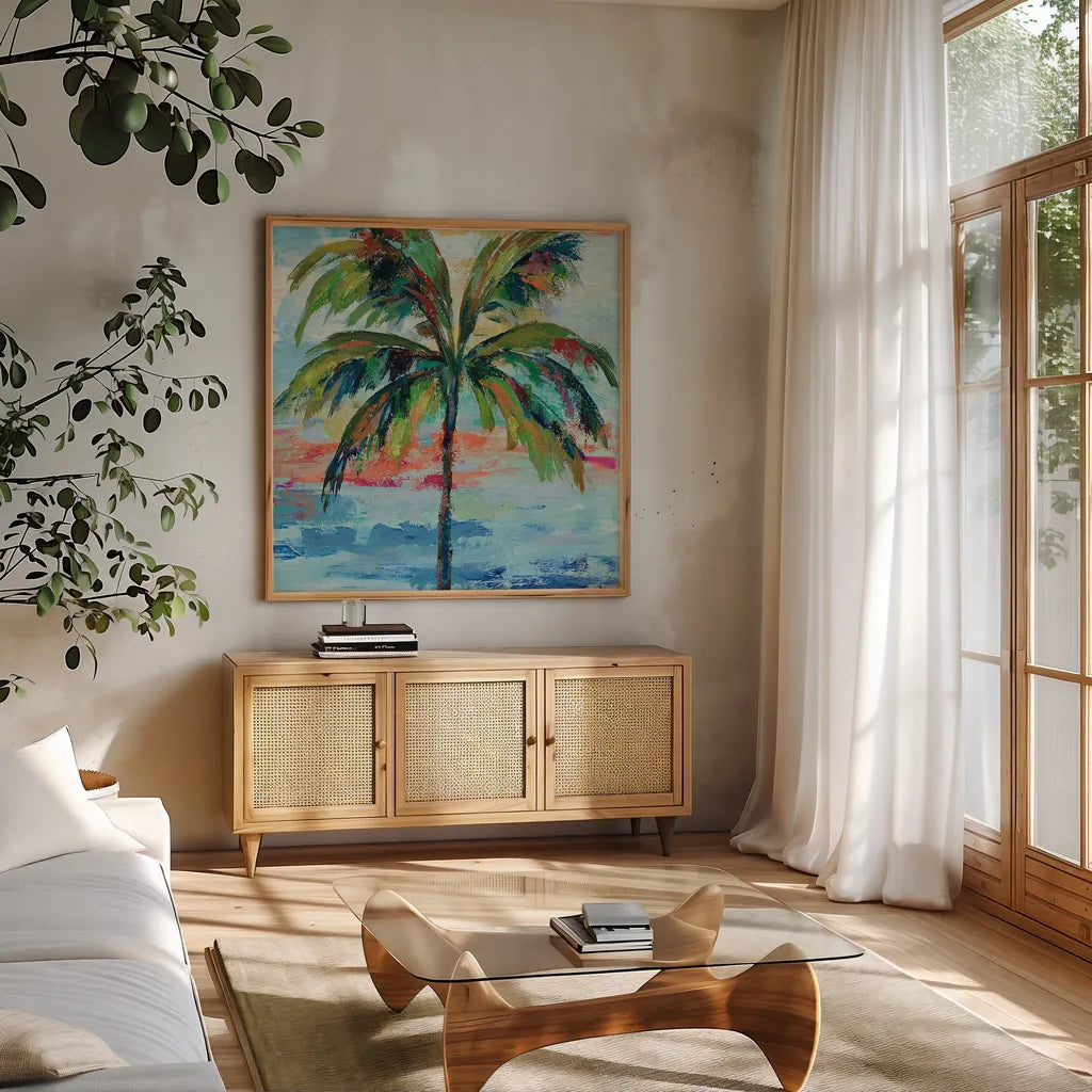 California Palm I by Silvia Vassileva. Shown in a natural wood frame in a cozy modern living room. Available as an archival giclee rolled canvas, fine art paper, or poster print. SKU 22486a.