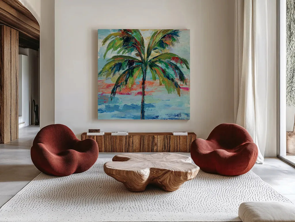 California Palm I by Silvia Vassileva. Shown as extra-large giant wall art in a modern living room. Available as an archival giclee rolled canvas, fine art paper, or poster print. SKU 22486a.