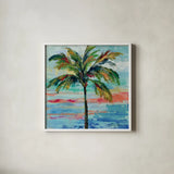 California Palm II by Silvia Vassileva. Shown in a crisp white glass frame for a clean and minimalist style. Available as an archival giclee rolled canvas, fine art paper, or poster print. SKU 22487a.