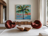 California Palm II by Silvia Vassileva. Shown as extra-large giant wall art in a modern living room. Available as an archival giclee rolled canvas, fine art paper, or poster print. SKU 22487a.