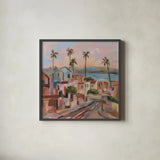 California Sunrise Street by Silvia Vassileva. Shown in a sleek black glass frame for a contemporary gallery look. Available as an archival giclee rolled canvas, fine art paper, or poster print. SKU 95132a.