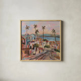 California Sunrise Street by Silvia Vassileva. Shown in a natural wood glass frame for a timeless modern aesthetic. Available as an archival giclee rolled canvas, fine art paper, or poster print. SKU 95132a.