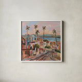 California Sunrise Street by Silvia Vassileva. Shown in a crisp white glass frame for a clean and minimalist style. Available as an archival giclee rolled canvas, fine art paper, or poster print. SKU 95132a.