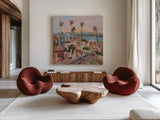 California Sunrise Street by Silvia Vassileva. Shown as extra-large giant wall art in a modern living room. Available as an archival giclee rolled canvas, fine art paper, or poster print. SKU 95132a.