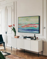 California Surf by Silvia Vassileva. shown as a framed stretched canvas in a living room above a console. Available as a archival giclee rolled canvas, fine art paper, or poster print. SKU 23851i.