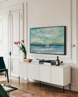Calm Lake by Silvia Vassileva. shown as a framed stretched canvas in a living room above a console. Available as a archival giclee rolled canvas, fine art paper, or poster print. SKU 28112i.